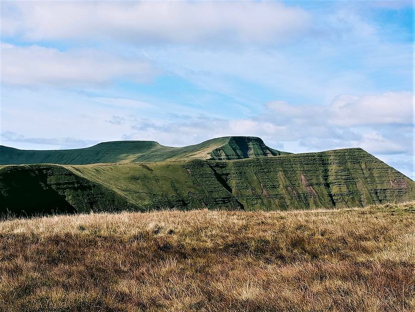 Calm autumn skies mean clear views of Pen Y Fan and Cribyn from Fan Y Big
